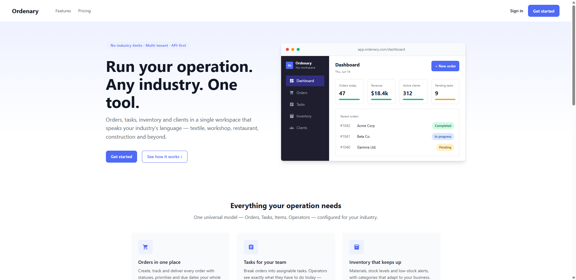 Ordenary landing page showing the "Run your operation. Any industry. One tool." hero with a dashboard preview of orders, revenue, and pending tasks.